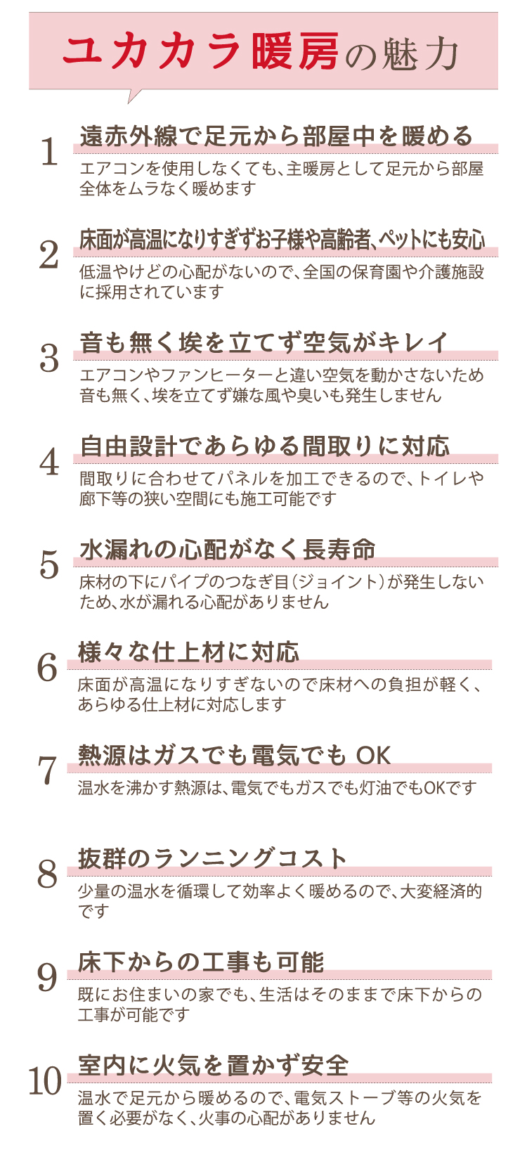 遠赤外線 温水式床暖房『ユカカラ暖房』特徴